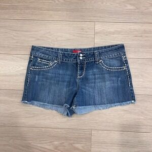 Bongo Y2K Low Rise Denim Shorts White Stitching Women 15 2000s Mcbling Festival